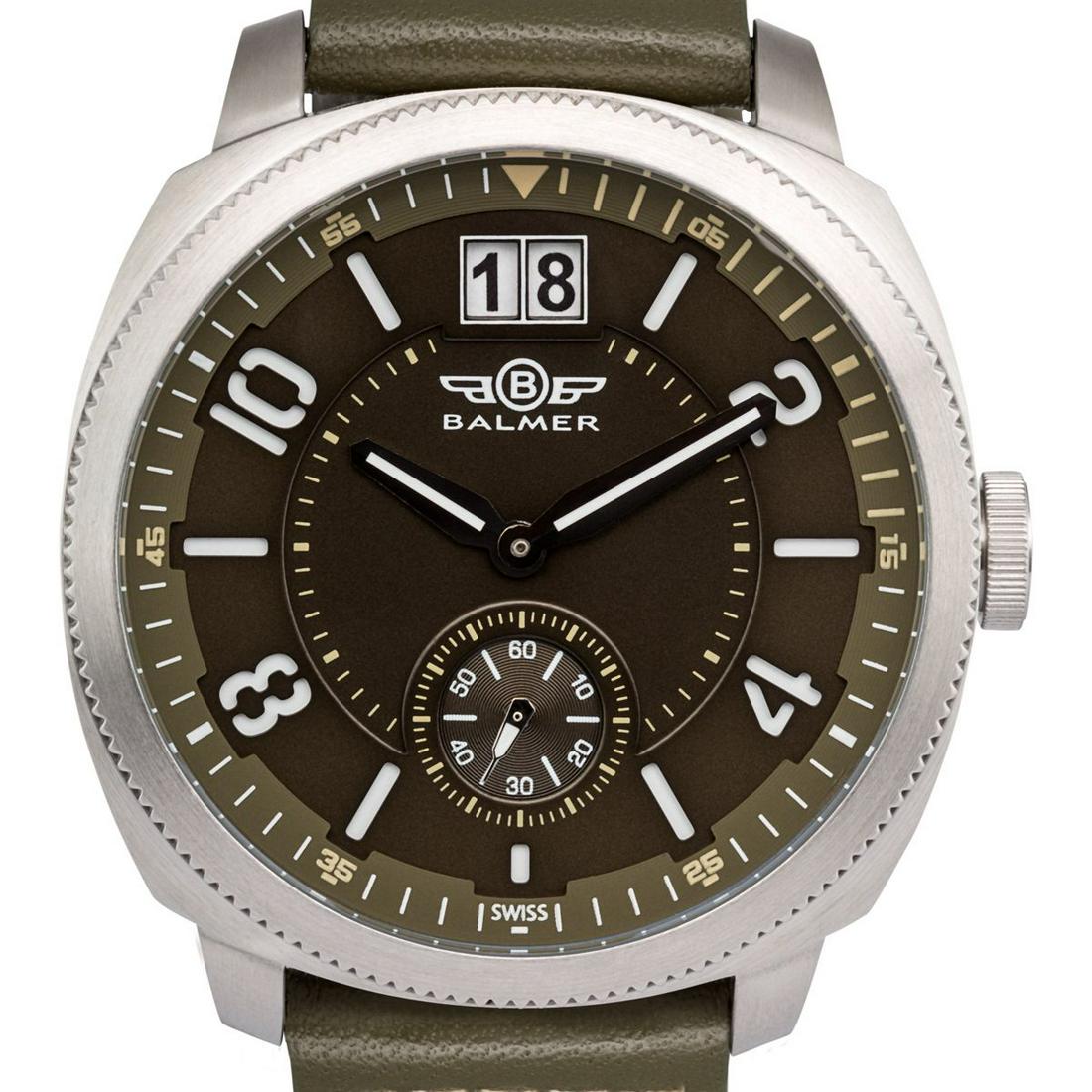 Balmer Swiss Made Stratos Mens Watch: Balmer Swiss Made Stratos Mens Watch - Green Leather Strap, Silver Case, Green Dial •Multi Layer Large number Dial with Big Date at 12 O'Clock and Sub Dial at 6 O'Clock • 2 Hand Quartz wit
