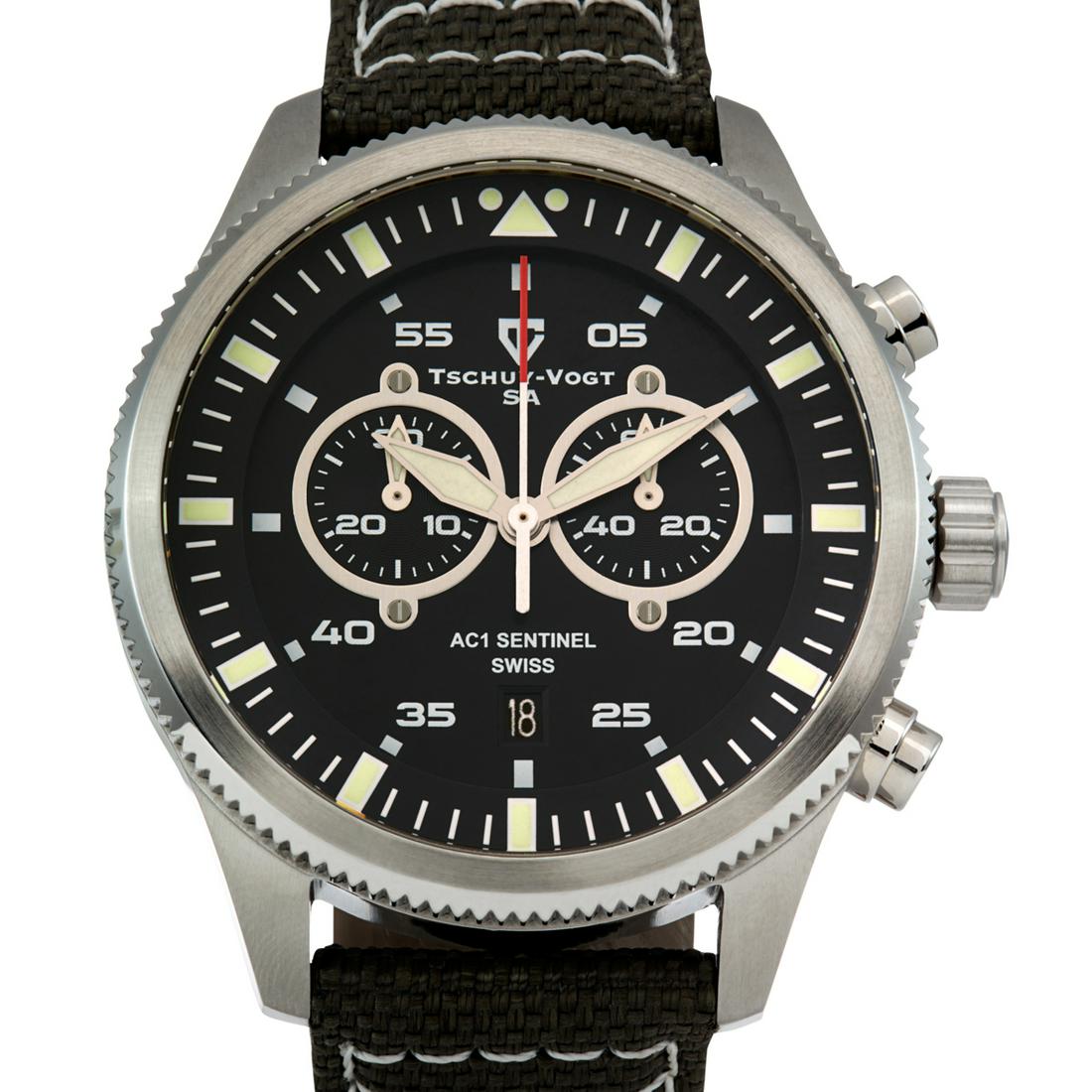 Tschuy-Vogt Sentinel Swiss Chrono 45mm Case Watch: Case - 45mm Diameter - Brushed or IP coated finish. Anti-Reflective and Scratch-Resistant Sapphire Crystal. - 22mm strap tapered to 20mm - Nylon strap with Leather reinforcement and Nubuck backing - S
