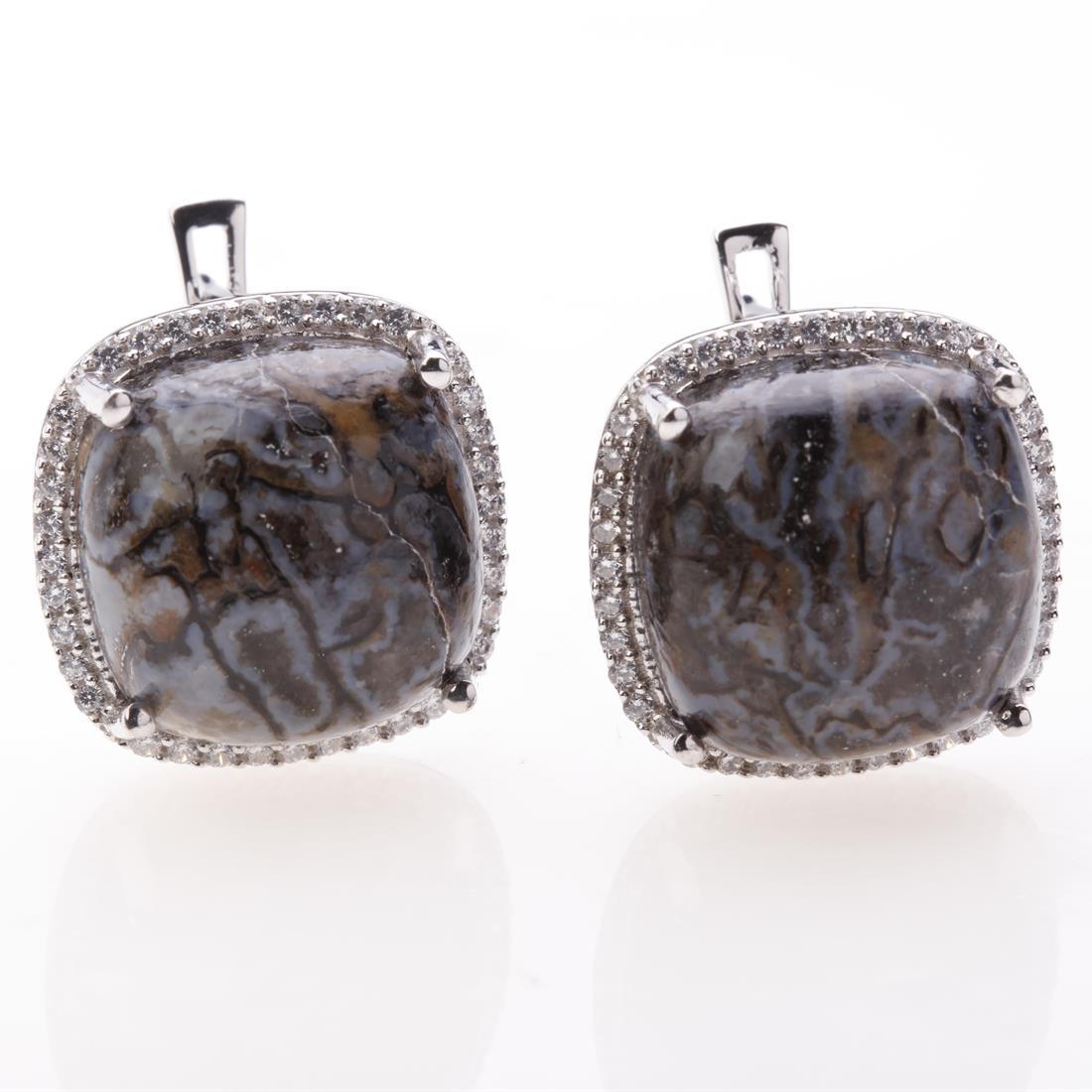 Dinosaur Bone & Zircon Latchback Earrings: Dinosaur Bone & Zircon Latchback Earrings • Metal: Sterling Silver • Stone: 14 Mm Cushion Dinosaur Bone&White Zircon • Dimension: 17X17 Mm • Total Weight: 9.87 Grams • Fi