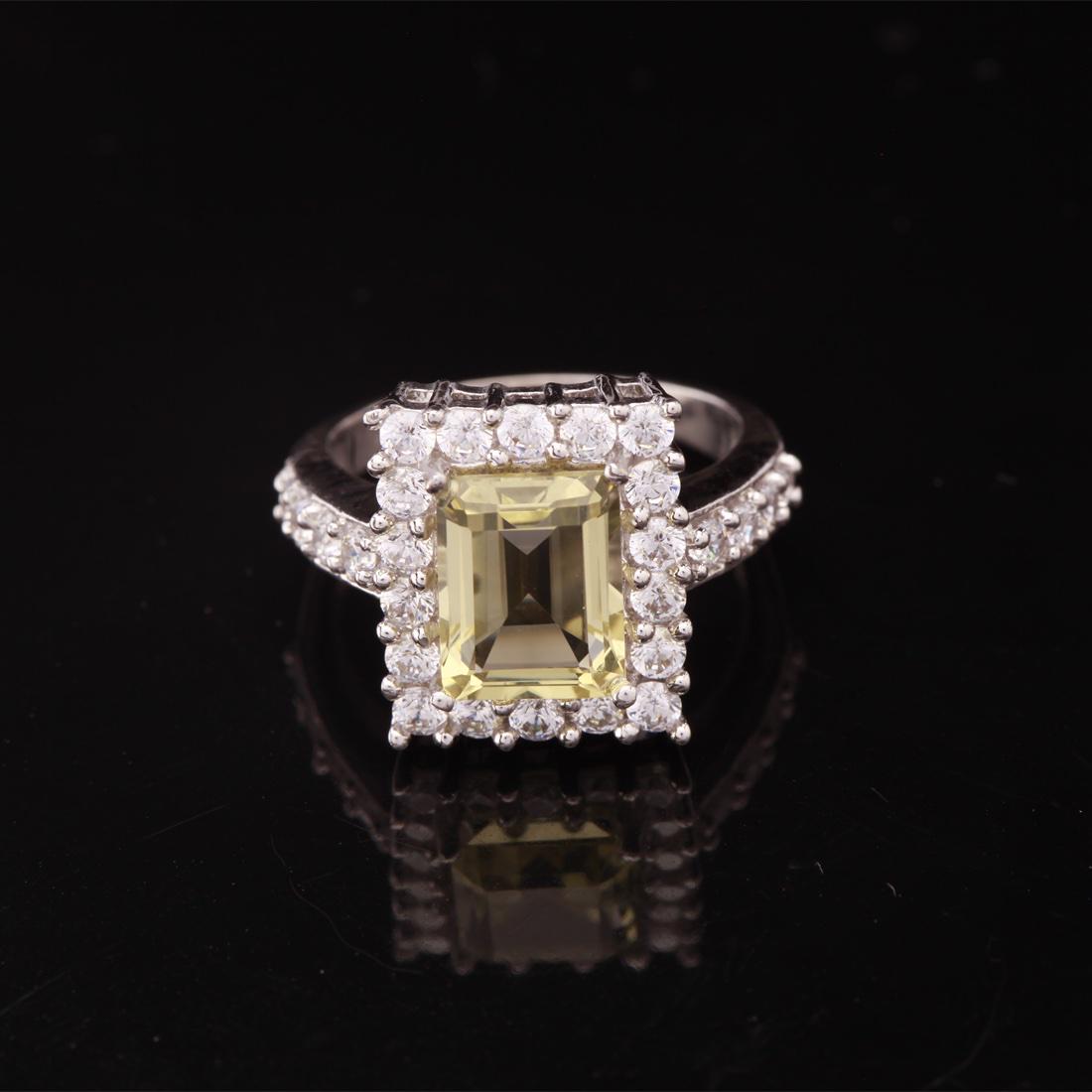 Emerald Cut Lemon Qtz & Zircon Silver Ring Sz 5.25 (1 of 3)