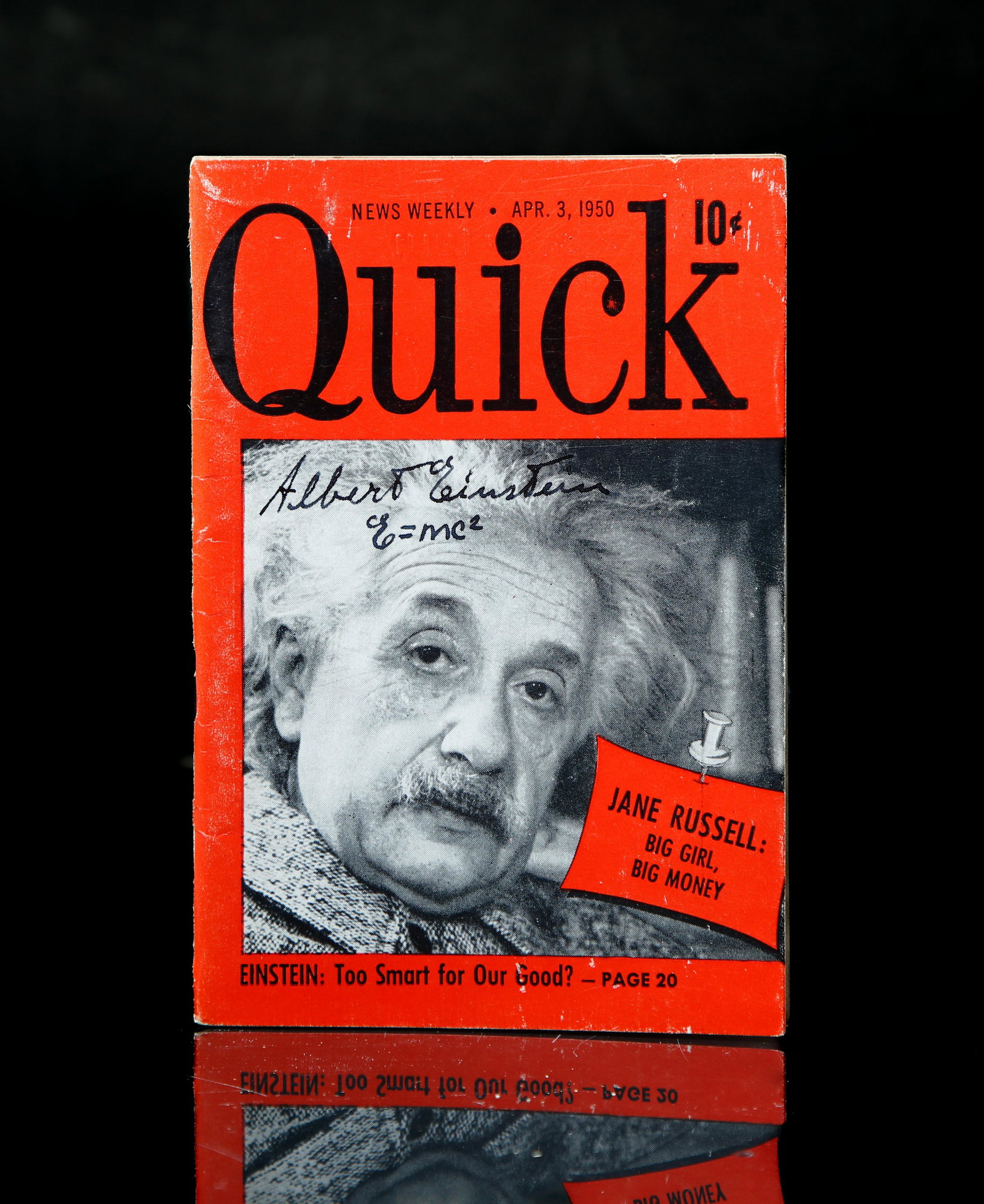 Albert Einstein Signed 1950 Mag Quick News Weekly: Albert Einstein (1879-1955) signed Quick Magazine. Bold signature signed in black ink on the cover of the magazine along with the inscription E=mc2. Quick was the first magazine published in Germany a