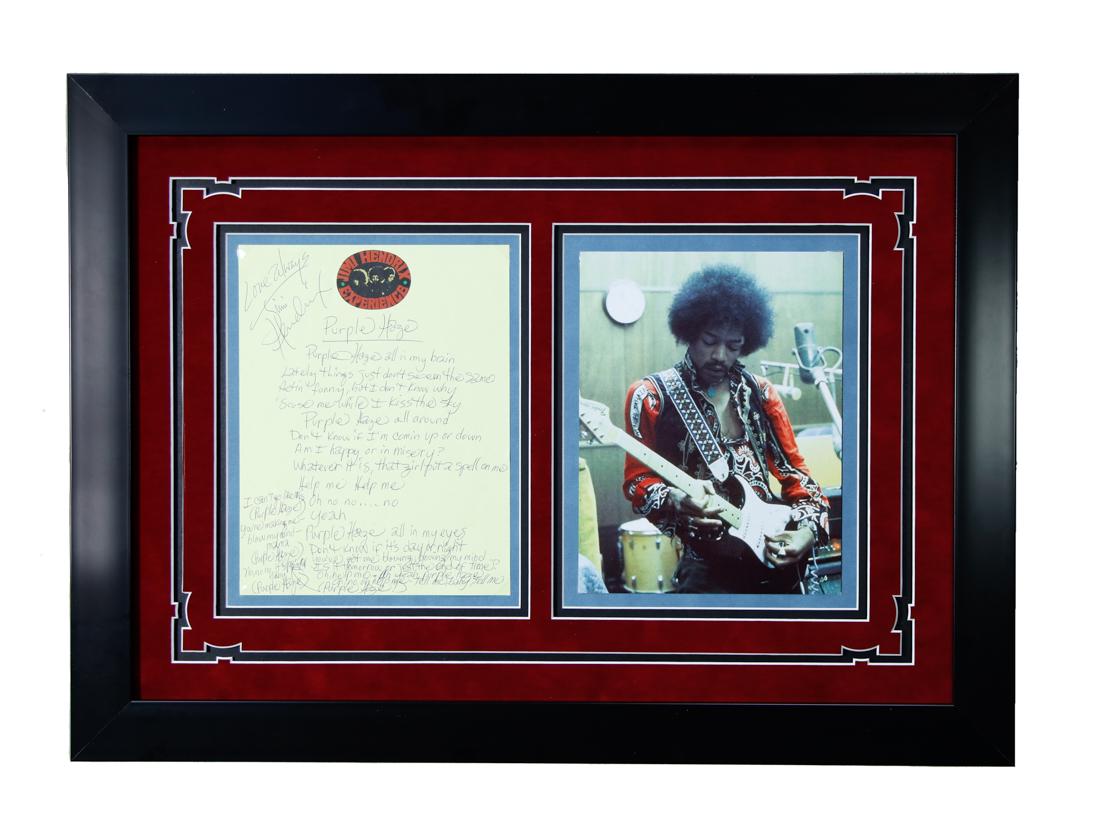 Jimi Hendrix Signed "Purple Haze" Lyric Sheet: Jimi Hendrix signed and handwritten lyrics for “Purple Haze” on 8.5 x 11. Jimi Hendrix, (November 27, 1942 – September 18, 1970), exploded our idea of what rock music could be: He ma