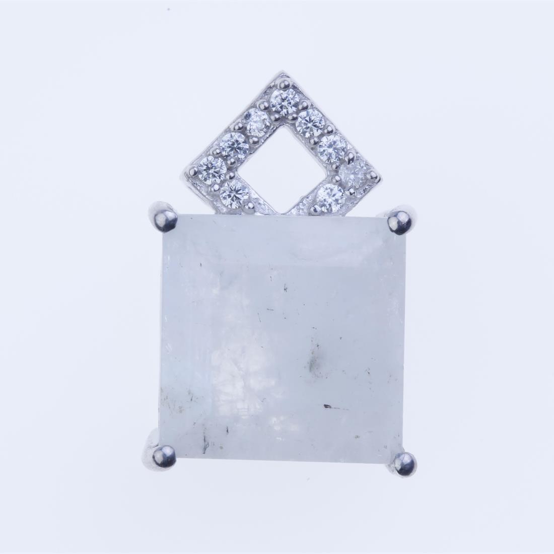 Rainbow Moonstone & Zircon Silver Pendant: Rainbow Moonstone & Zircon Silver Pendant • Metal: Sterling Silver • Stone: 10 Mm Square Rainbow Moonstone&White Zircon • Dimension: 17X11.3 Mm • Total Weight: 1.98 Grams ̶