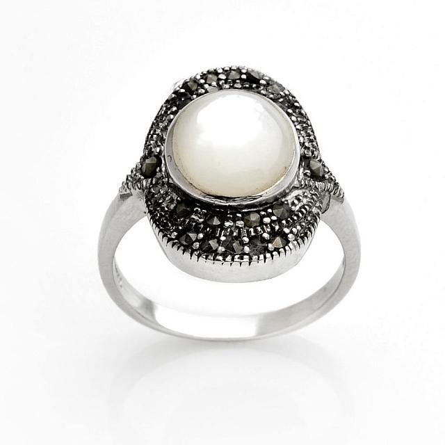 White MOP & Marcasite Oval Ring SZ 8: • Metal: Brass • Metal Color: Silver and Oxidized • Stone: Marcasite and White MOP • Stone Color: Grey and White • Size: 8 • Disclaimer: Gemstones may feature inclu