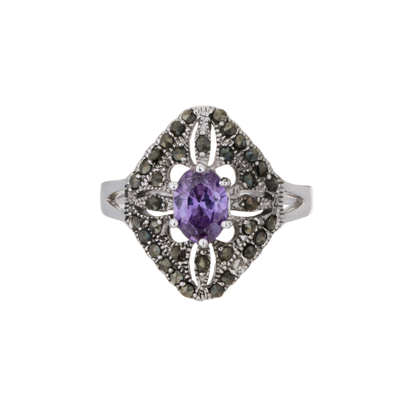 Romilly Amethyst-Look and Genuine Marcasite Ring: This elegant multi stone ring features a single amethyst-look cubic zirconia centered in a field of shimmering genuine marcasite. Finely crafted of gleaming anti-tarnish rhodium plate on brass and sty