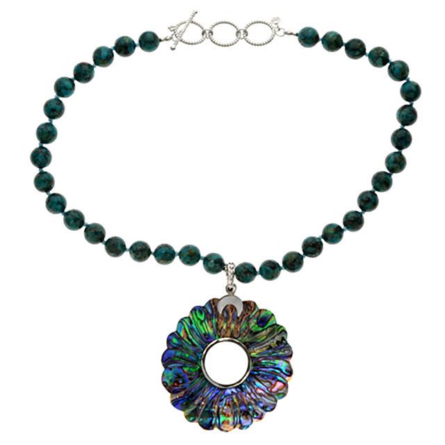 Silver Abalone Pendant & Turquoise Necklace: Metal: Rhodium over sterling silver Stone Information: Abalone: One round carved flower shaped 60mm Compressed and Stabilized Turquoise: Various round full-drilled 10mm beads Setting Type: Abalone: Ad