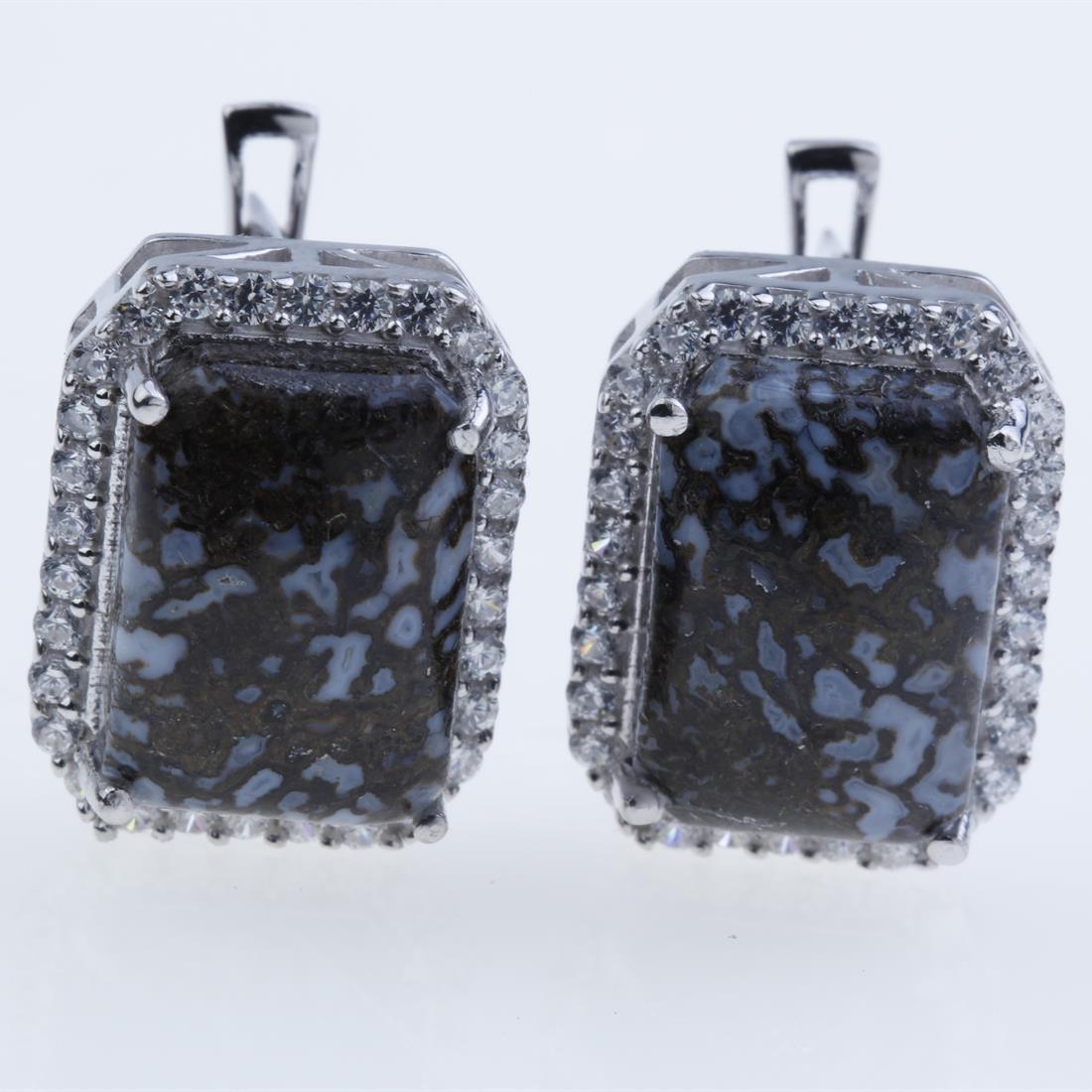 Rare Dinosaur Bone & Zircon Sterling Slv Earrings: Rare Dinosaur Bone & Zircon Sterling Slv Earrings • Metal: Sterling Silver • Stone: 14X10 Mm Octagon Dinosaur Bone&White Zircon • Dimension: 17.6X13.5 Mm • Total Weight: 9.87 G
