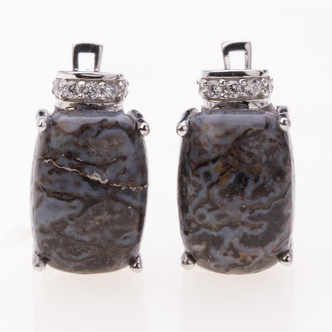 Dinosaur Bone Sterling Silver Latchback Earrings: Dinosaur Bone Sterling Silver Latchback Earrings .Metal: Sterling Silver .Stone: 14X10Mm Cushion Dinosaur Bone&White Zircon .Dimension: 17.3X10 Mm .Total Weight: 6.52 Grams .Finish: Rhodium .Backing: 