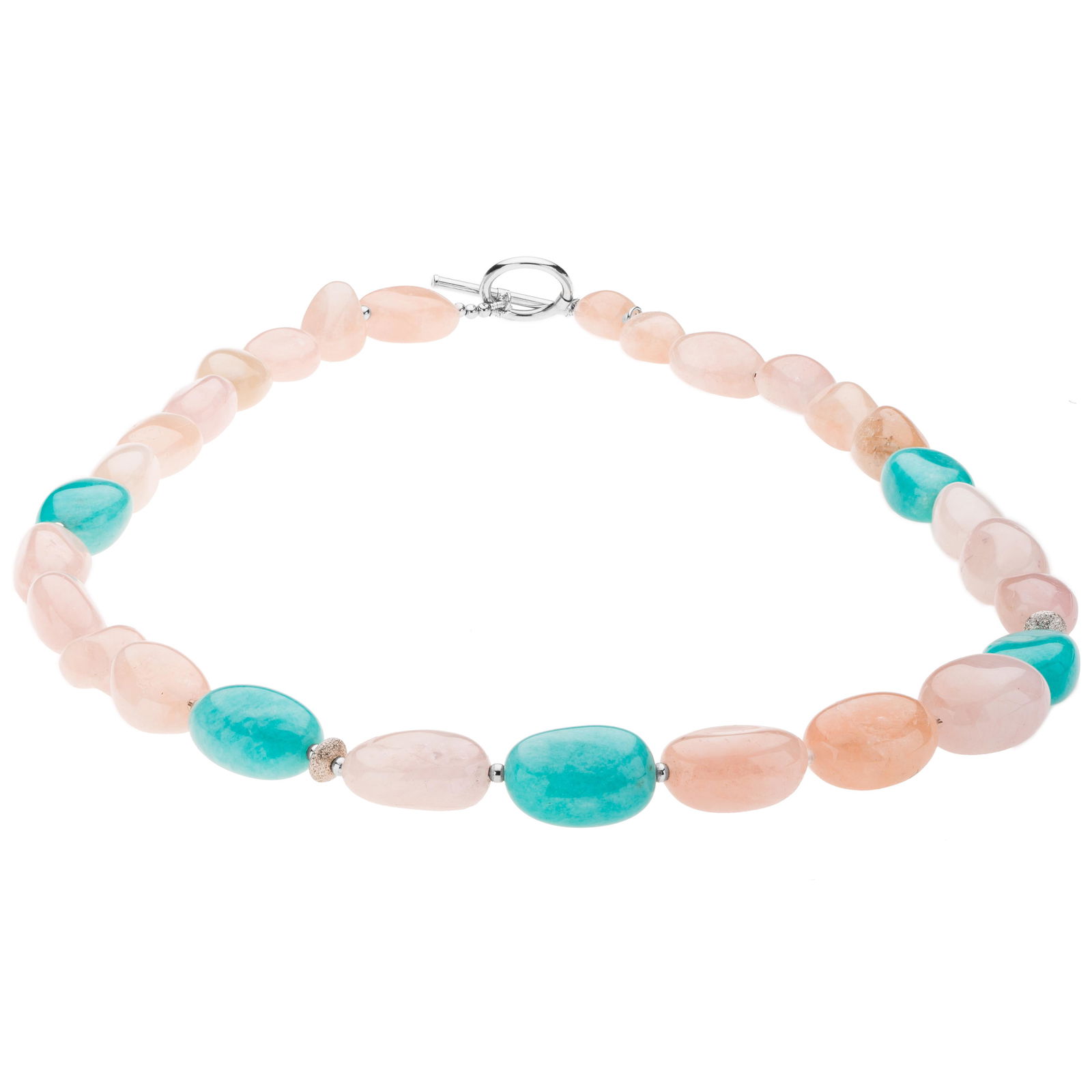 22 inch Morganite & Amazonite Bead Necklace: 22 inch Morganite & Amazonite Bead Necklace • Metal: Sterling Silver • Stone: Amazonite & Morganite • Length: 22 Inches • Total Weight: 74.1 gram • Closure: Toggle