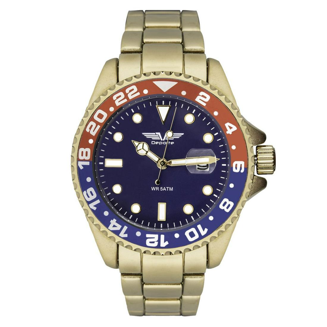 Deporte Pacific Mens Diver Style Blue Dial Gold Bracelet Watch: Main Features: Chronograph Blue Dial, Gold Tone Gold Tone Bracelet Men's Watch Hands:Rose Gold & White Hands Case Shape: Round Material: Ion Plated Metal, Stainless Steel Case Thickness: 13mm Strap Wi