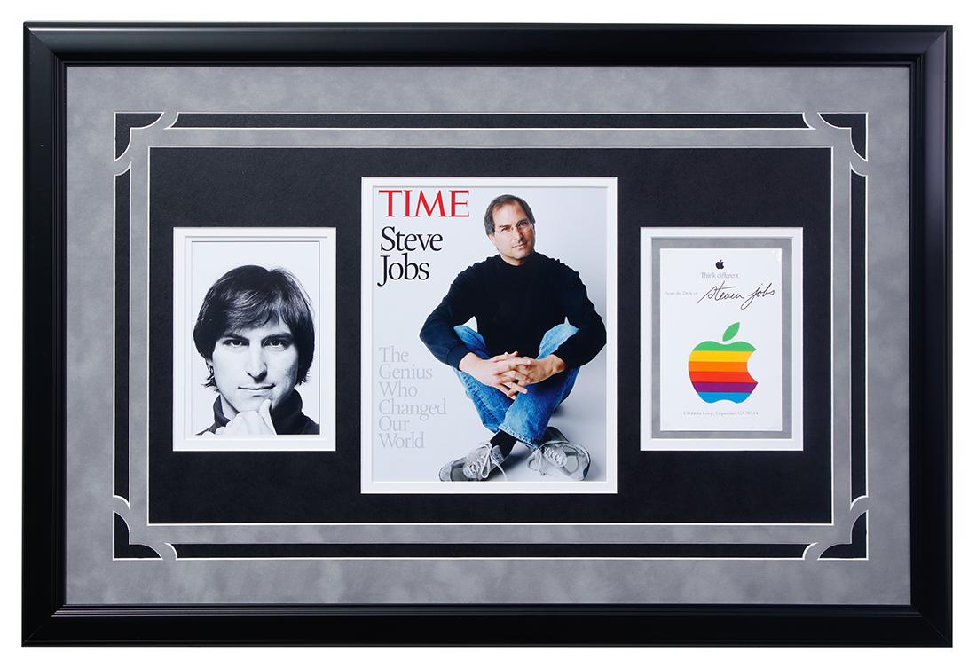 Steve Jobs Signed Stationary with Apple Logo Decal: Steven Jobs Signed 4X6 "From the Desk of" page, with an Apple Logo Decal. Steven Jobs was born in 1955 to two University of Wisconsin graduate students who gave him up for adoption. Jobs was an Americ