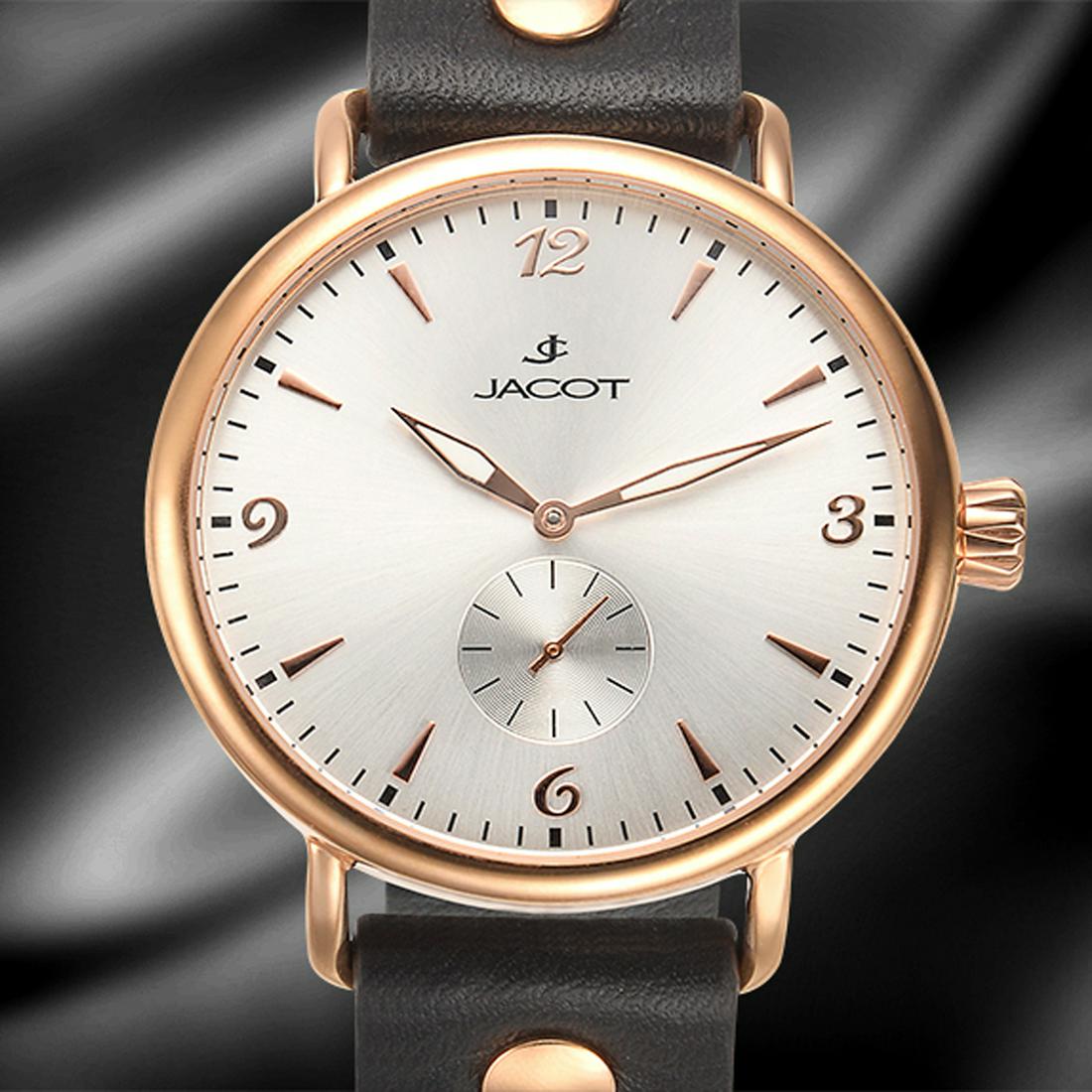 Jacot Automatic Crockett Mens Watch: Jacot Automatic Crockett Mens Watch - Black Strap, Rose Gold Case, Silver Face. The Crockett rekindles the spirit of a time long passed. A simpler time reflected by a simpler dial. Elegant Arabic nume