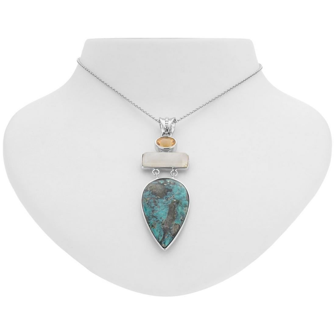 Turquoise, Moonstone & Citrine Pendant w/chain: 925 Sterling Silver You will love the color, shape and texture of Pangea Mines pendant necklace. Beautifully crafted in gleaming rhodium over sterling and adorned with pear cut Campo Frio turquoise, r