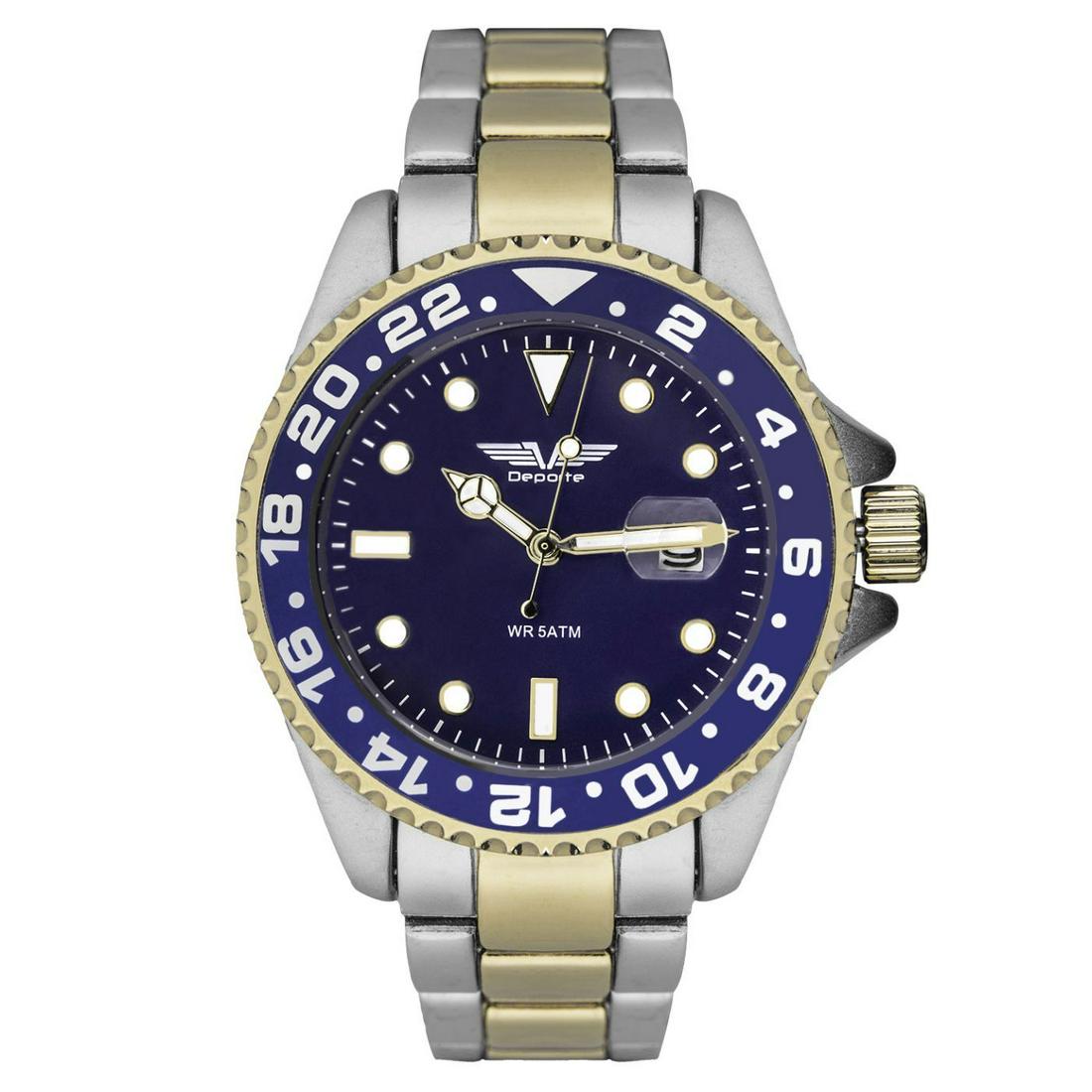 Deporte Pacific Men's Diver 42 mm Diameter Watch: Main Features: Two Tone Silver And Gold Bracelet, Blue Dial, Gold Tone Case, Blue Bezel Luminous White Indices Date Magnification Lens Hands: Luminous White Case Shape: Round Material: Ion Plated Meta