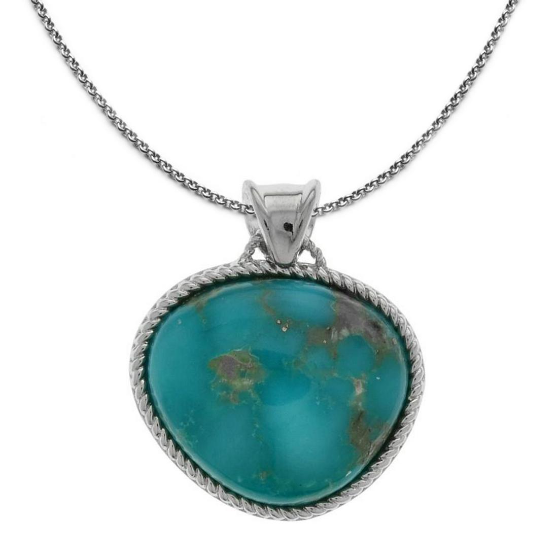 Sterling Campo Frio Turquoise Pendant w/Chain: Metal: Rhodium over sterling silver Stone Information: One freeform shaped 23 x 20mm stabilized Campo Frio turquoise cabochon with pyrite matrix Setting Type: Bezel/Adhesive Measurements: Pendant: 1-5