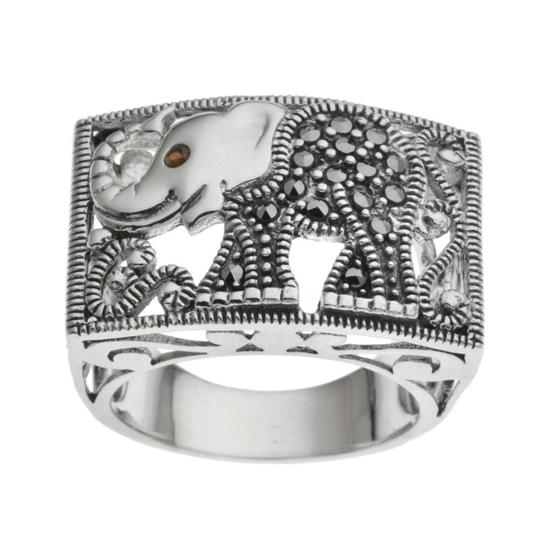 Sterling Silver Marcasite Elephant Etched Ring SZ7: Sterling Silver Marcasite Elephant Etched Ring Sz7 • Metal: Sterling Silver • Stone: Marcasite & Garnet • Width: 15.8 Mm • Total Weight: 7.7 Grs • Finish: Oxidized