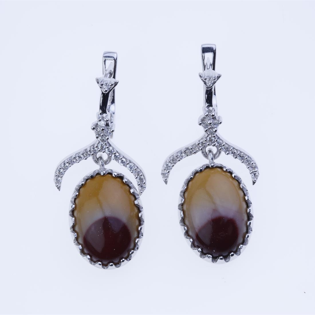 Sterling Silver Mookaite & Zircon Earrings: Sterling Silver Mookaite & Zircon Earrings • Metal: Sterling Silver • Stone: 14X10Mm Mookaite&White Zircon • Dimension: 31.6X14.3 Mm • Total Weight: 7.43 Grams • Finish: 