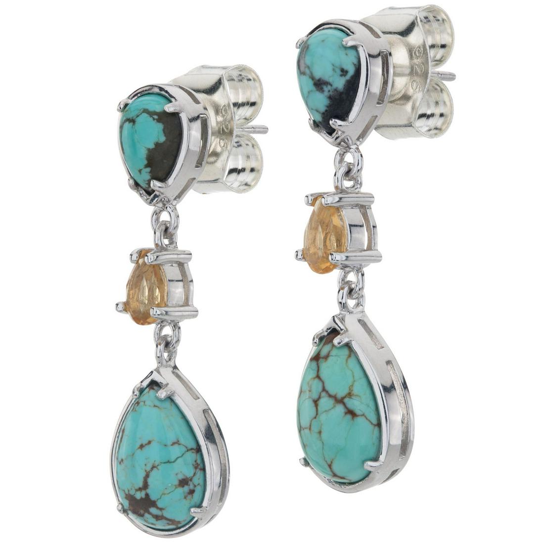 Silver Turquoise & Citrine 3-Stone Drop Earrings: 925 Sterling Silver Pangea Mines drop earrings offer a bit of everything you love—heavenly color, feminine styling and a gleaming setting. Beautifully crafted in rhodium over sterling silver and