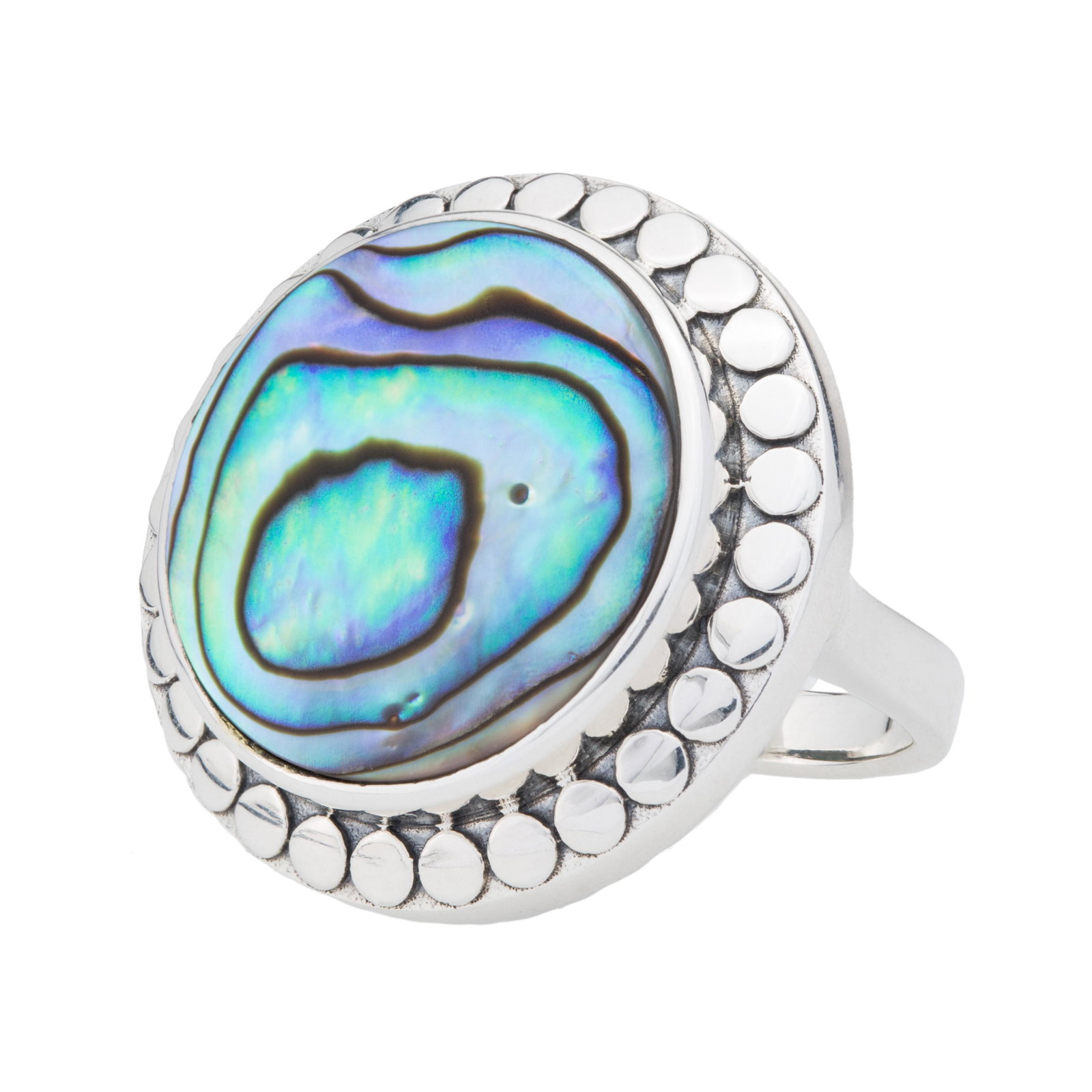 Sterling Silver 18mm Abalone Beaded Halo Ring-SZ10: Add fascinating, ever-changing color to your wardrobe with Pangea Mines’ abalone ring. Beautifully crafted in gleaming sterling silver and adorned with a large (18mm) round flat abalone cabochon