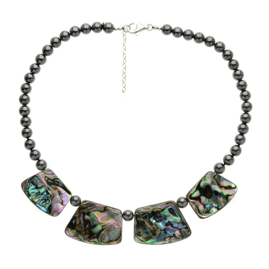 Abalone Shell & Hematite Necklace: Abalone Shell & Hematite Necklace • Metal: Sterling Silver • Stone: Abalone Shell&Hematite • Width: 29 mm • Length: 18+2" • Approx Weight: 84.4 grams • Closure: Lob