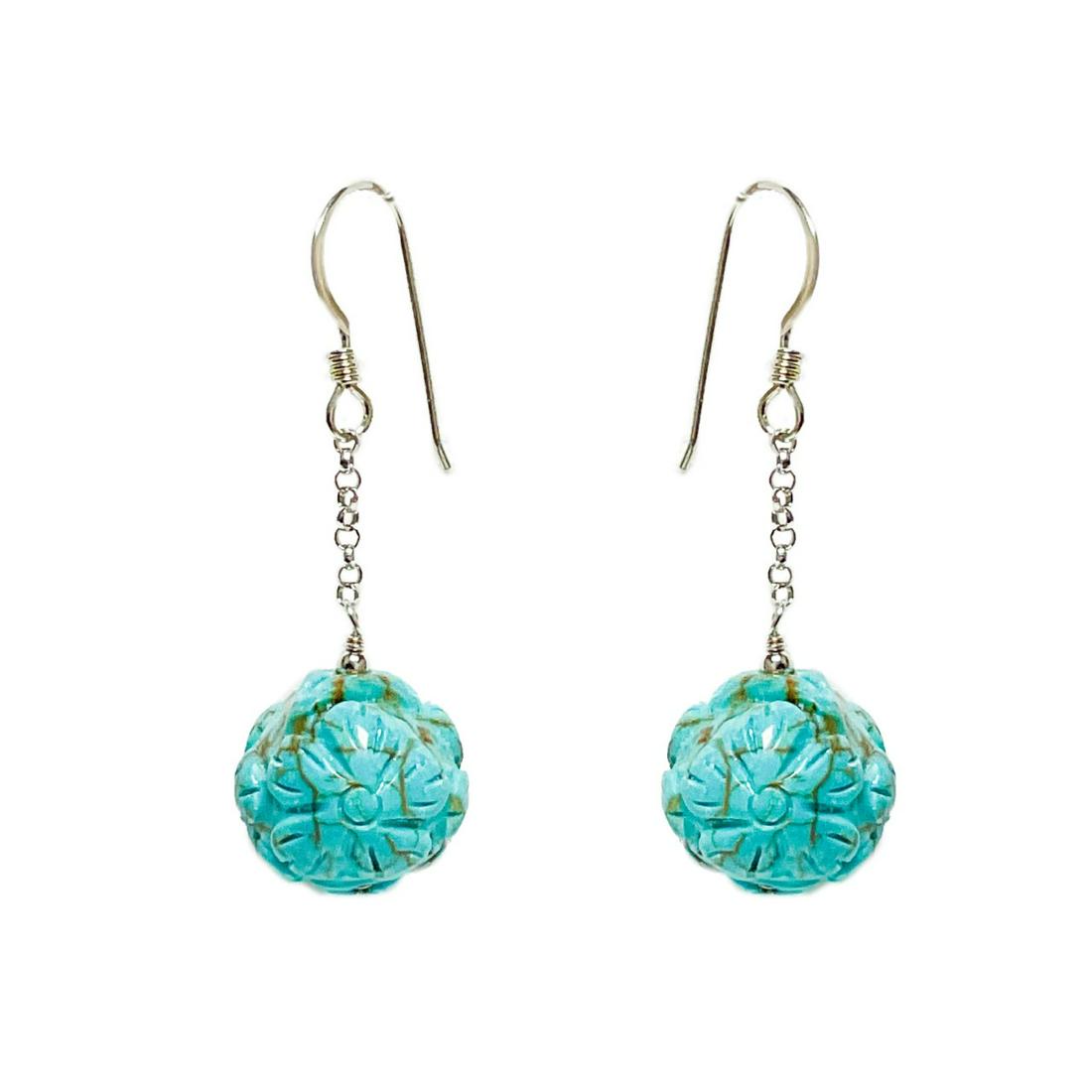 Sterling Silver Carved Turquoise Dangle Earrings (1 of 1)