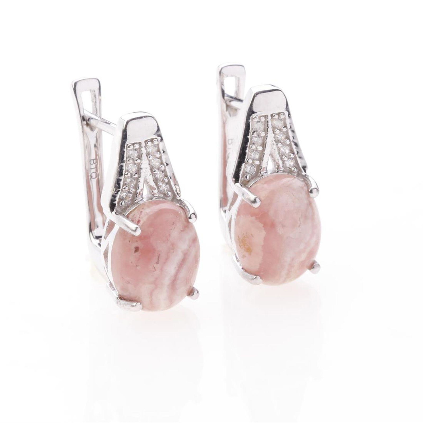 Rhodochrosite & Zircon Sterling Silver Earrings: Rhodochrosite & Zircon Sterling Silver Earrings • Metal: Sterling Silver • Stone: 10X8Mm Oval Shape Rhodochrosite, Zircon • Dimension: 17.5X8 Mm • Total Weight: 4.97 Grams R