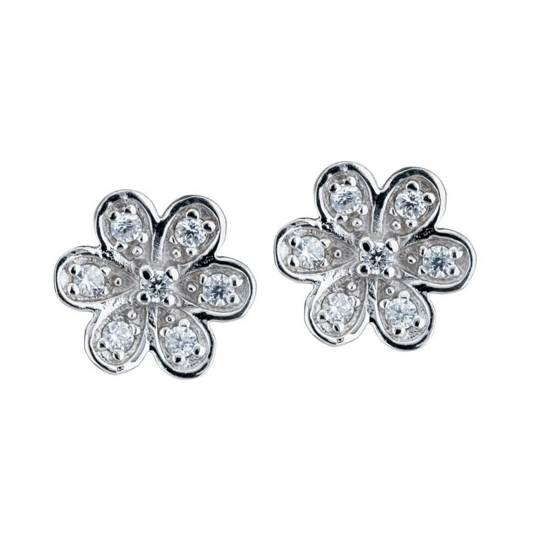 Simulated Diamond Pavé Flower Earrings: • Cubic Zirconia • Flower studs • Butterfly backings for comfortable fit • Gleaming rhodium over brass