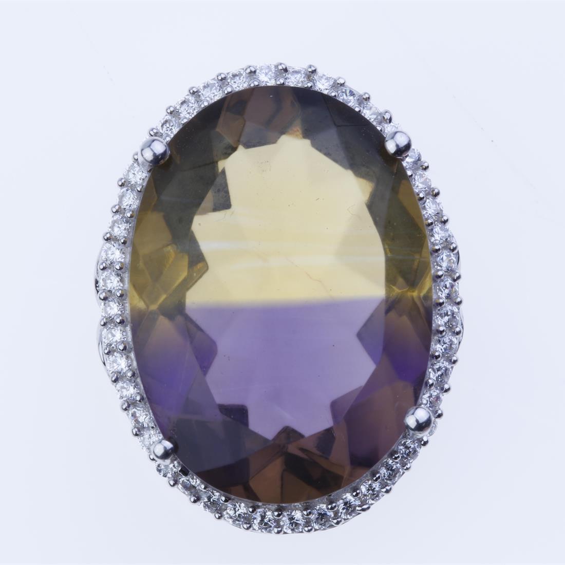 Ametrine & White Zircon Silver Halo Pendant: Ametrine & White Zircon Silver Halo Pendant • Metal: Sterling Silver • Stone: 18X13 Mm Oval Shape Ametrine&White Zircon • Dimension: 20.5X16.1 Mm • Total Weight: 4.33 Grams 