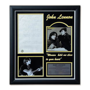 John Lennon Signed Handwritten "Woman" Lyrics: John Lennon Signed Handwritten "Woman" Lyrics in Custom Exhibition Quality Frame. We are excited to present an incomparable piece of music history: John Lennon's signed, handwritten lyrics for his ren