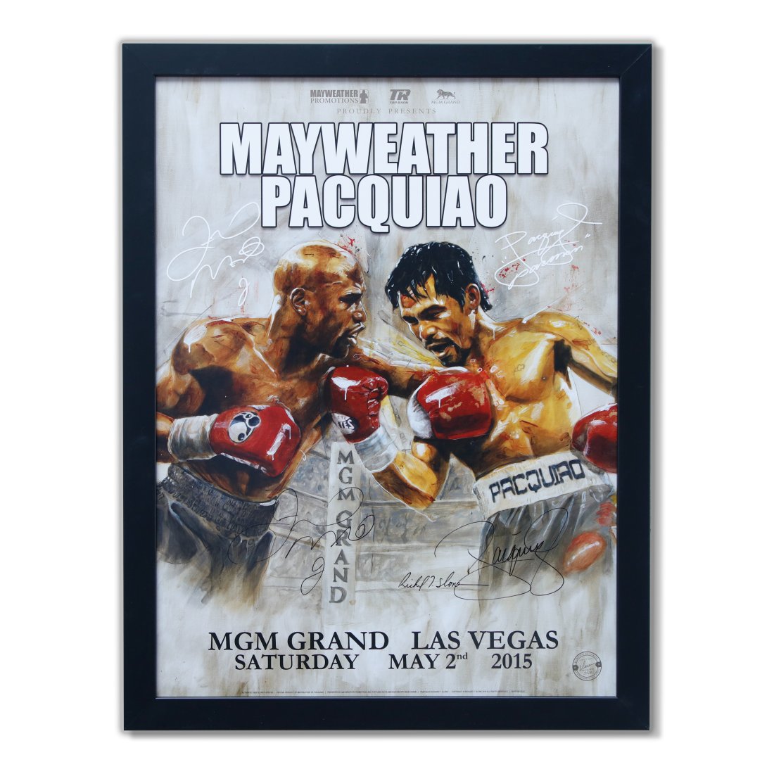 Floyd Mayweather & Manny Pacquiao Signed Poster: Floyd Mayweather and Manny Pacquiao Signed Fight Poster, Custom Framed. Step into the ring with this extraordinary piece of boxing memorabilia! We're excited to present a Floyd Mayweather and Manny Pa