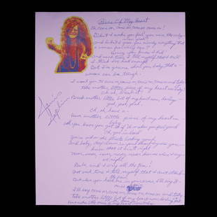 Janis Joplin Handwriten "Piece Of My Heart" Lyrics: Janis Joplin Handwritten "Piece Of My Heart" Lyrics - Signed & Authenticated - Framed Presentation. Up for auction is an extraordinary piece of music history - a handwritten copy of the lyrics to "Pie