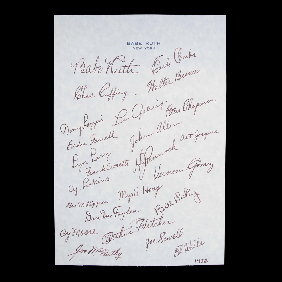 1932 Yankees Team Signed on Babe Ruth's Stationary (1 of 3)