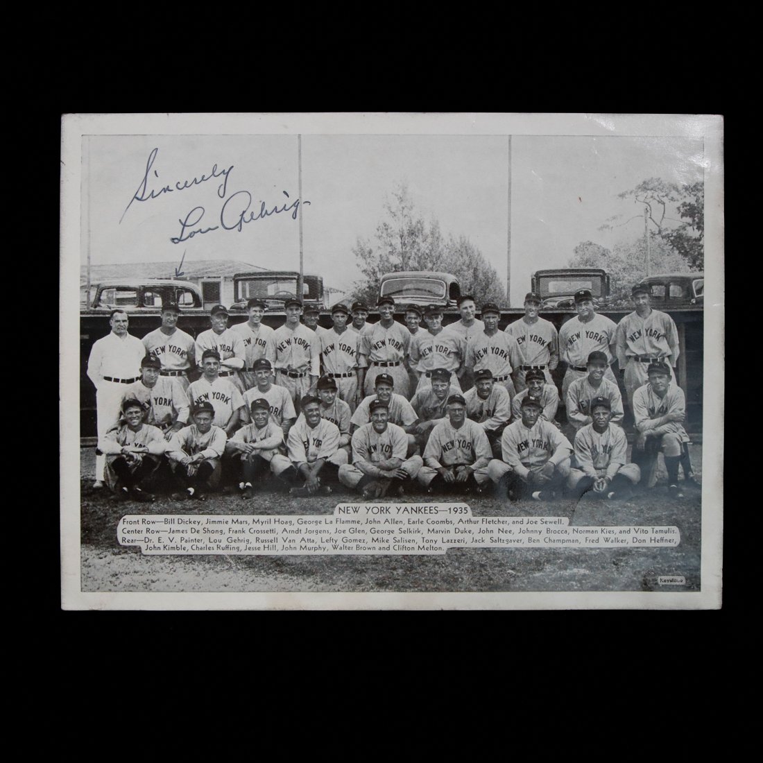 Lou Gehrig Signed 1935 Yankees Team Photo: Genuine 1935 Yankees Team Photo Signed by Lou Gehrig - Custom Museum Quality Frame. We are thrilled to present a mesmerizing piece of baseball history - a genuine Lou Gehrig autographed 1935 New York 