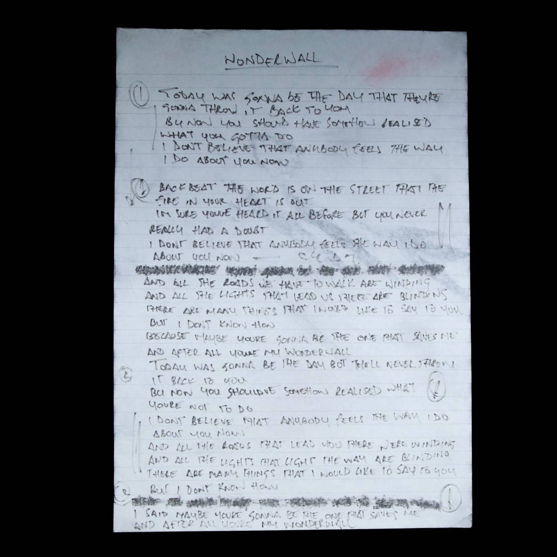 Noel Gallagher Handwritten “wonderwall” Lyrics Auction