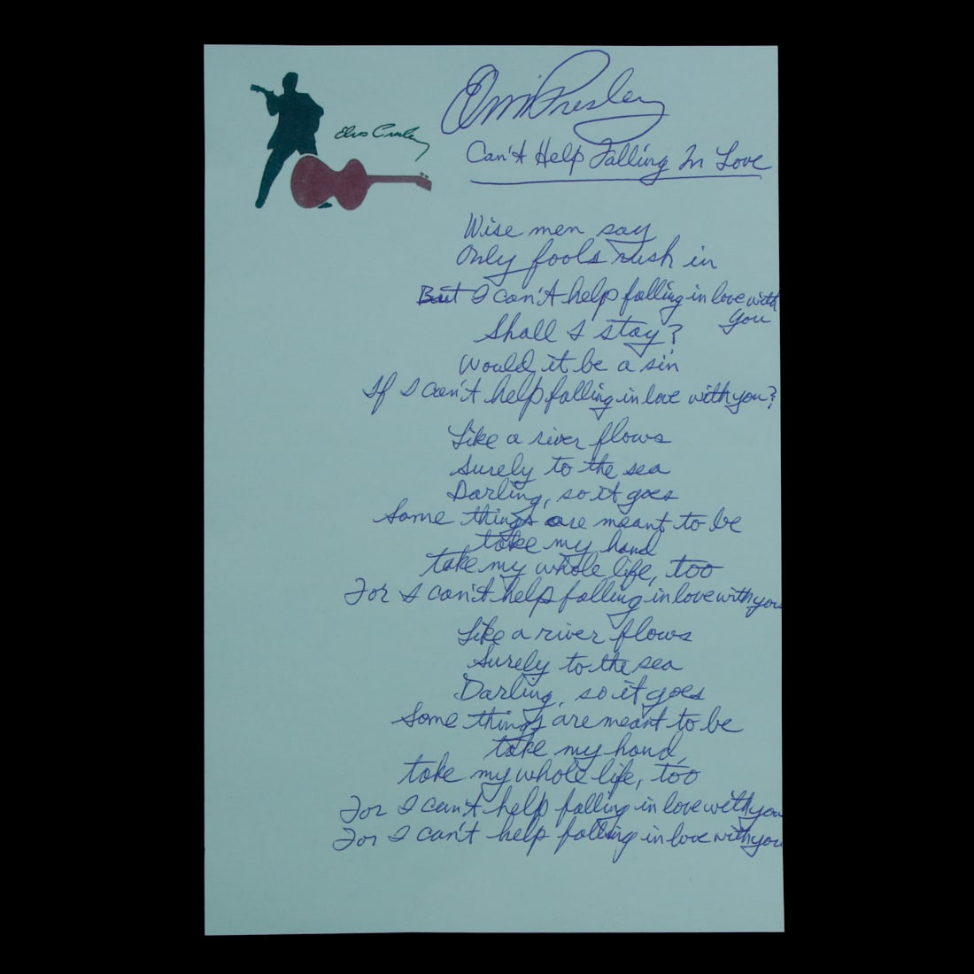 Elvis Handwritten & Signed "Can't Help Falling in Love" Lyrics (1 of 5)
