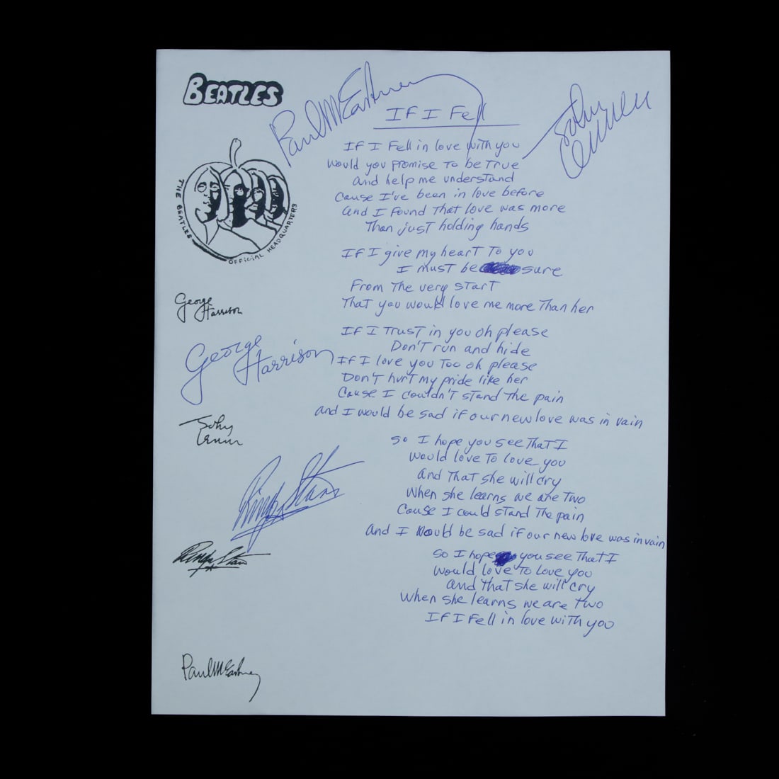 Beatles Signed "If I Fell" Handwritten Lyrics (1 of 4)