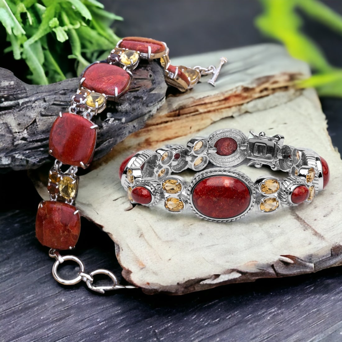 Citrine, Garnet & Red Coral Sterling Bracelets Set (1 of 1)