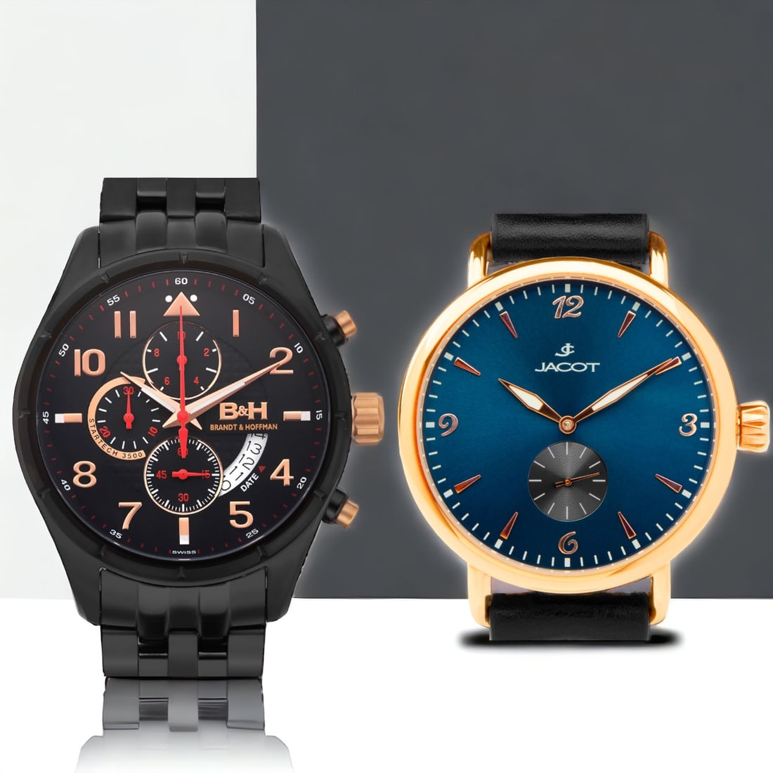 Brandt & Hoffman Chronograph & Jacot Automatic: Brandt & Hoffman Sagan Chronograph: Genuine Swiss Ronda 3540.D Movement, Analog display, 44mm surgical grade 316L stainless steel case, black dial with luminescent hands, surgical grade 316L stainless