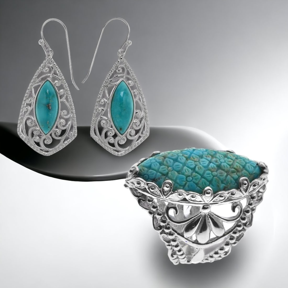 Turquoise Filigree Earrings & Carved Ring Set (1 of 1)