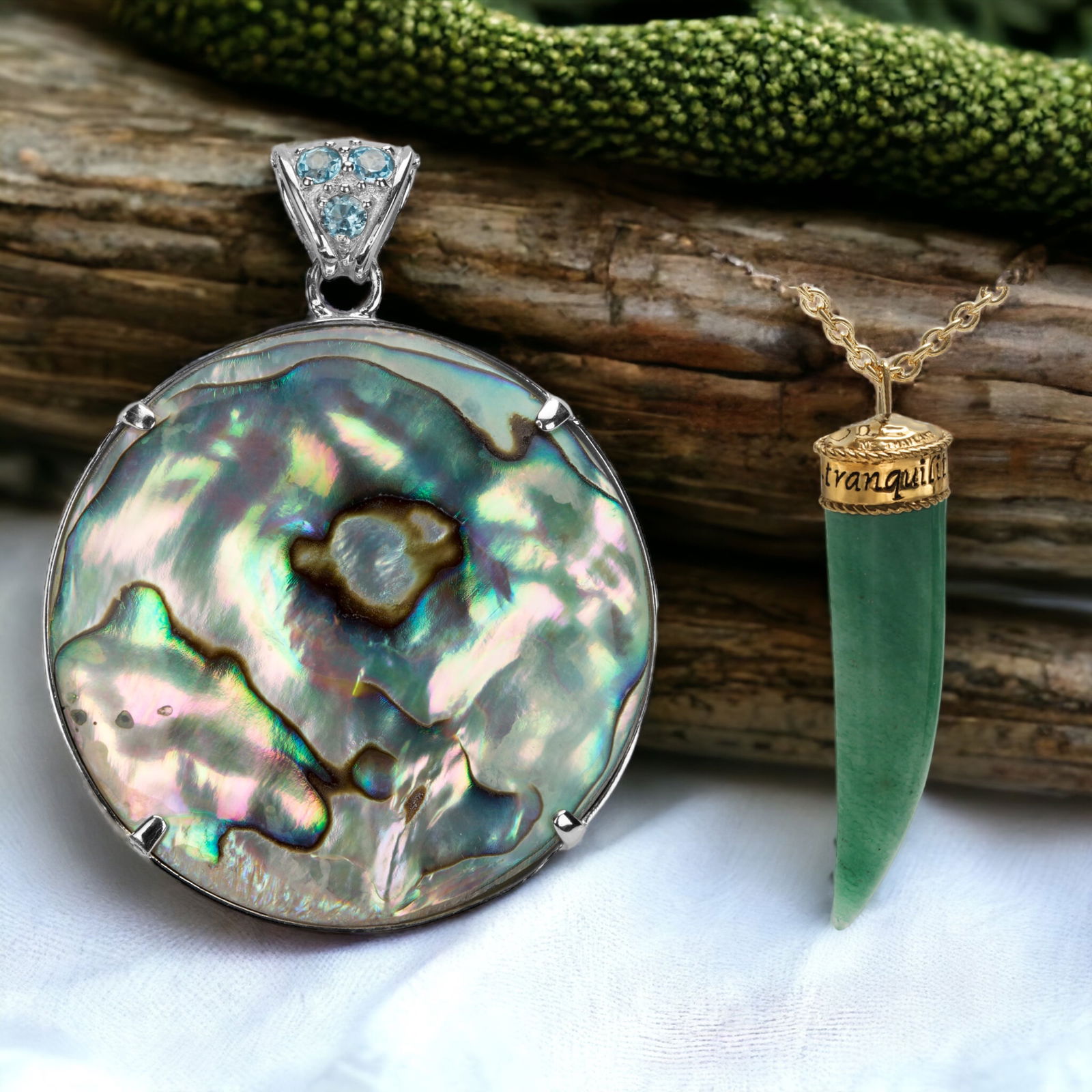 Abalone Pendant & Aventurine Tranquility necklaces: Elevate your style with this exquisite collection featuring a Sterling Silver pendant adorned with Green Aventurine Abalone, a Gold Tone Aventurine 'Tranquility' Horn pendant, and Swiss Blue Topaz acc