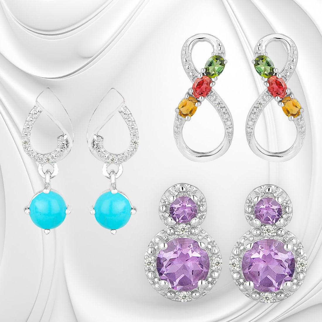 Colorful Tourmaline, Turquoise & Amethyst Earrings Set (1 of 1)