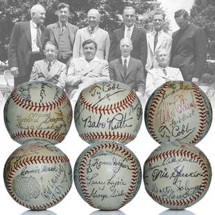 15 HOF Signers on 1939 FORD C. FRICK ONL BASEBALL: Exceptional 1939 HOF Inductee Ford C. Frick ONL Spalding Double Circle Baseball - Autographed by Fifteen Baseball Hall of Famers. A moment frozen in an item of immeasurable value to the baseball enthu