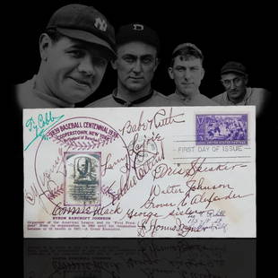 1939 Cooperstown Centenial Envelope 11 HOF Signers: Extremely Rare First Day Issue "Ban Johnson" Commemorative Centennial Envelope with Signatures of 11 Original Baseball Hall of Fame Inductees. This auction features an incredibly unique and historical