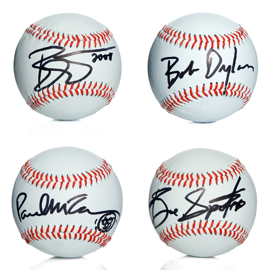 McCartney, Bowie, Dylan, Springsteen Signed Balls: Your utmost attention is cordially drawn to the forthcoming auction for an exceedingly unique and historically fascinating item - a rare collection of four Official League Baseballs each individually 