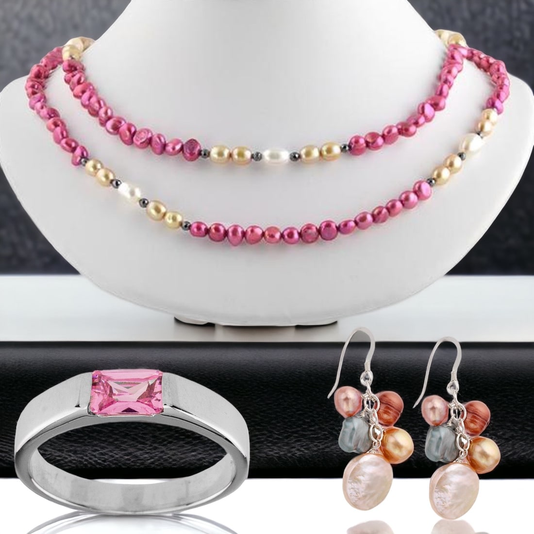 Pearl Necklace, Earrings & Pink Gemstone Ring Set (1 of 1)