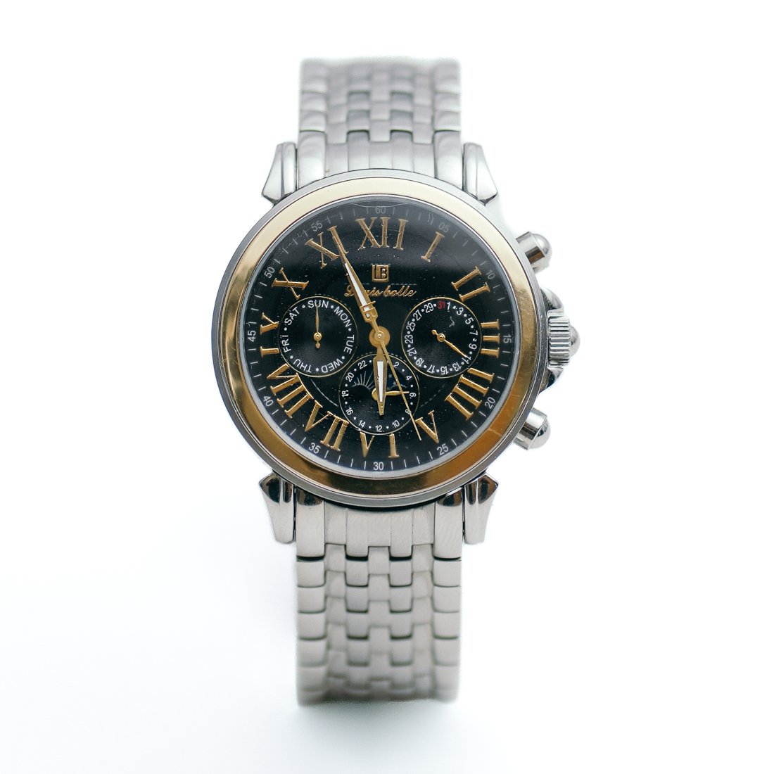 Louis Bolle 18K Gold Bezel Watch: Louis Bolle 18K Gold Bezel Automatic Watch. This exact watch is New Old Stock, which means it is new but has been sequestered away for over a decade. This watch feature many different complications an