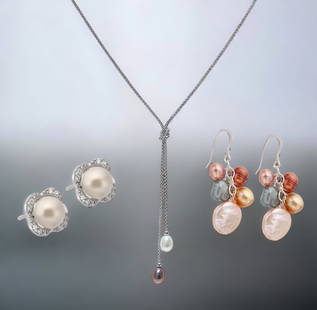 Pearl Cascade Jewelry Collection: Adorn yourself in the ethereal elegance of this pearl cascade jewelry set. The sterling silver earrings feature a scalloped edge adorned with white cubic zirconia, complementing the natural iridescenc