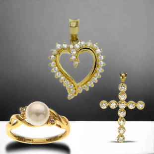 Gilded Elegance: Two Pendants & Pearl Ring Set: Grace yourself with this exquisite collection featuring a Gold Over Sterling Silver CZ Cross Pendant and a stunning Gold over Sterling Silver CZ Heart Pendant. The meticulous craftsmanship and the bri