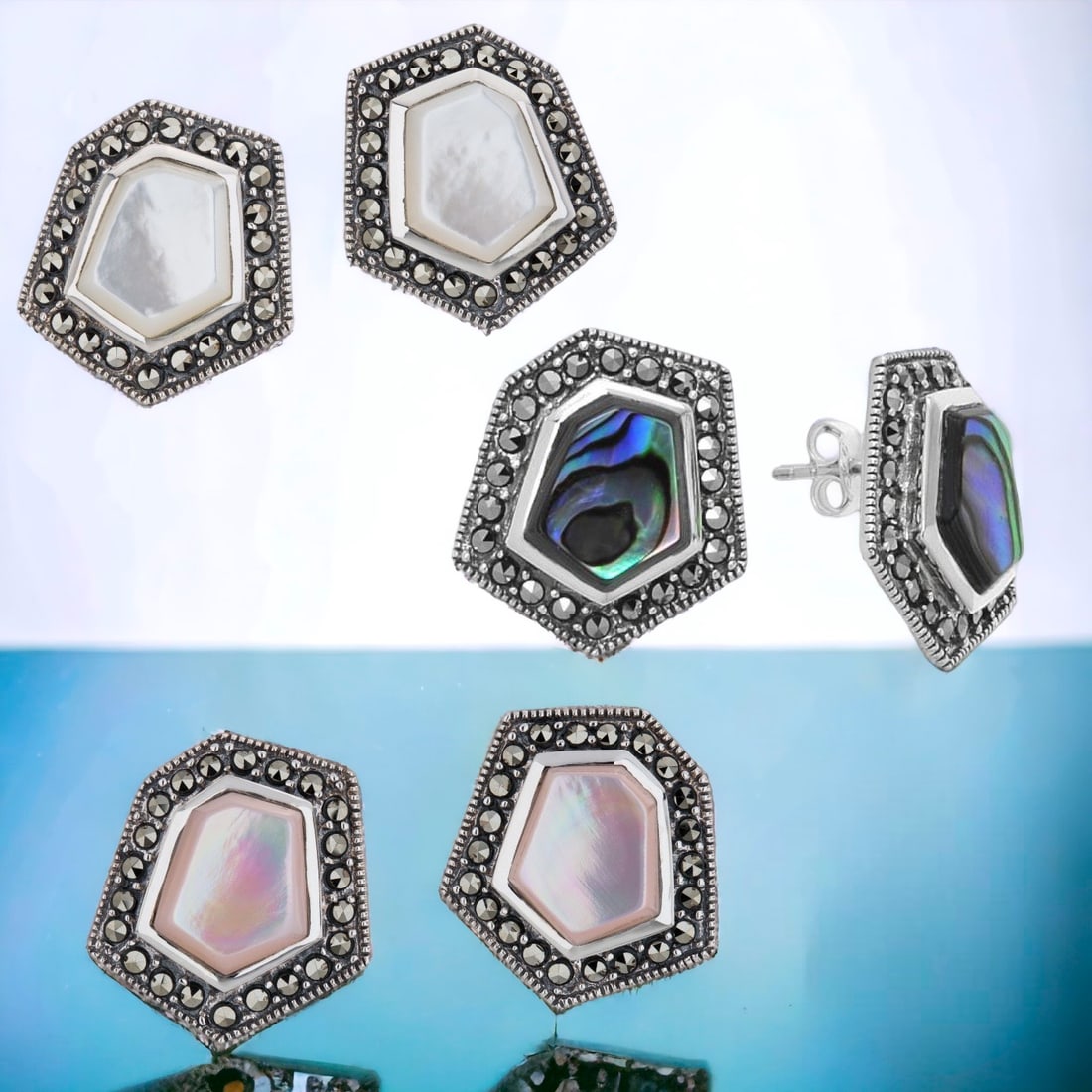 Abalone, Mother of Pearl & Marcasite Earrings Set: This exquisite earring collection showcases the natural beauty of abalone, pink mother of pearl, and white mother of pearl, all elegantly accented with glistening marcasite. The iridescent hues of aba