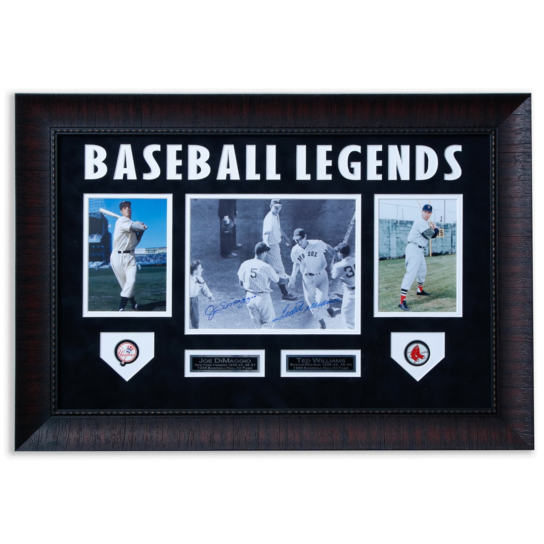 Ted Williams & Joe DiMaggio Signed 8x10 Photograph: Ted Williams & Joe DiMaggio Authentically Signed 8x10 Photo Elegantly Encased in a 33x24 Custom Museum Quality Frame. Presenting this exceptional slice of sports history: A rare 8X10 black and white p
